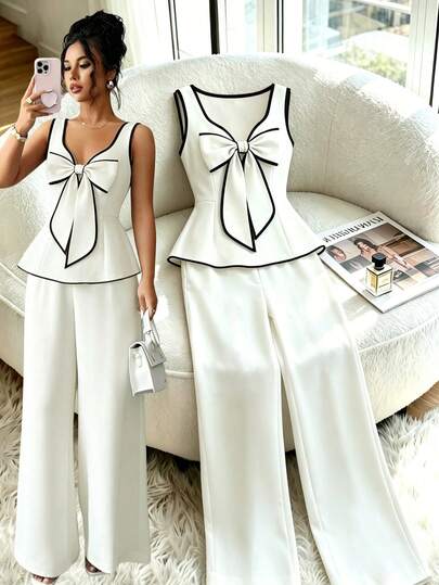 Selianne Women's Elegant Sexy Commuting Outfit, Colorblock Bow Decor Sleeveless Peplum Top Wide Leg Pants Set Party White Summer