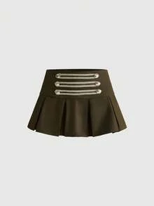 ROMWE Y2K Vintage Napoleon Ribbon Metal Buckle Decor Pleated Ultra Low Waist Women's Skirt - Brown - View 1