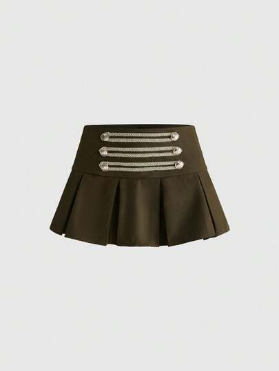 ROMWE Y2K Vintage Napoleon Ribbon Metal Buckle Decor Pleated Ultra Low Waist Women's Skirt