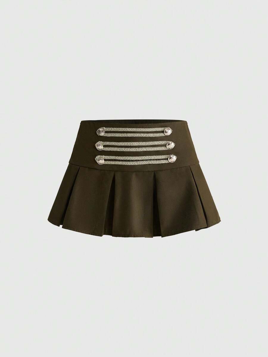ROMWE Y2K Vintage Napoleon Ribbon Metal Buckle Decor Pleated Ultra Low Waist Women's Skirt - Brown - View 1