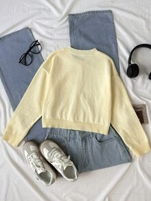 SHEIN Cardigan Anak Perempuan Remaja, Cardigan Pendek Longgar Lengan Panjang Leher Bulat Warna Polos Kasual, Nyaman, Modis, Serbaguna, Cocok untuk Perjalanan Sehari-hari - Kuning - View 2