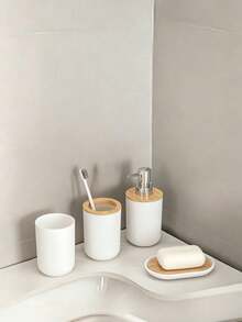 4Pcs Luxury Bathroom Accessory Set, Bamboo & Plastic Organizer With Lotion Bottle, Toothbrush Holder, Mouth Cup & Soap Dish, Ideal For Home Decor, Birthday, Housewarming & Holiday Gifts - multicolor - View 2