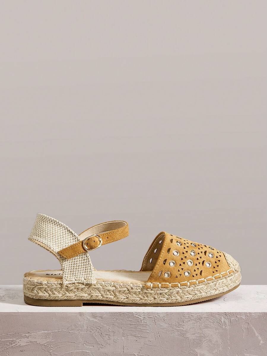 Styleloop 時尚杏色麂皮麻繩平底鏤空腳踝綁帶後空式女款平底鞋,舒適透氣,適合通勤、戶外度假、旅行、海灘、購物及日常休閒,百搭平底女鞋 - 黃色 - 查看 1