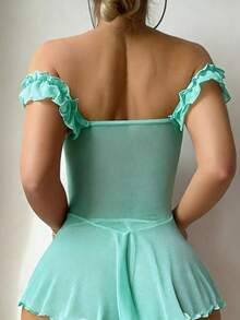 SHEIN Sexy Mesh Off Shoulder Ruffle Deep V Neck Tie-Up Dress 2-Piece Set - Green - View 2