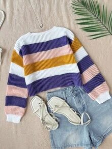 SHEIN 青少年女孩童裝秋冬休閒居家條紋拼色方領套頭鬆垮落肩長袖針織衫 秋冬穿搭 - 彩色 - 查看 6