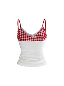 HELLO KITTY AND FRIENDS | ROMWE Top de tirantes para mujer talla grande con estampado de dibujos animados, decoración de lazo y almohadillas integradas - Beis - Ver 2