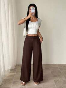 SHEIN PETITE 女款竹纖維面料腰前疊層扣飾設計優雅教師制服 專業休閒辦公裝 深棕色 秋季 小碼女款 - 棕色 - 查看 4