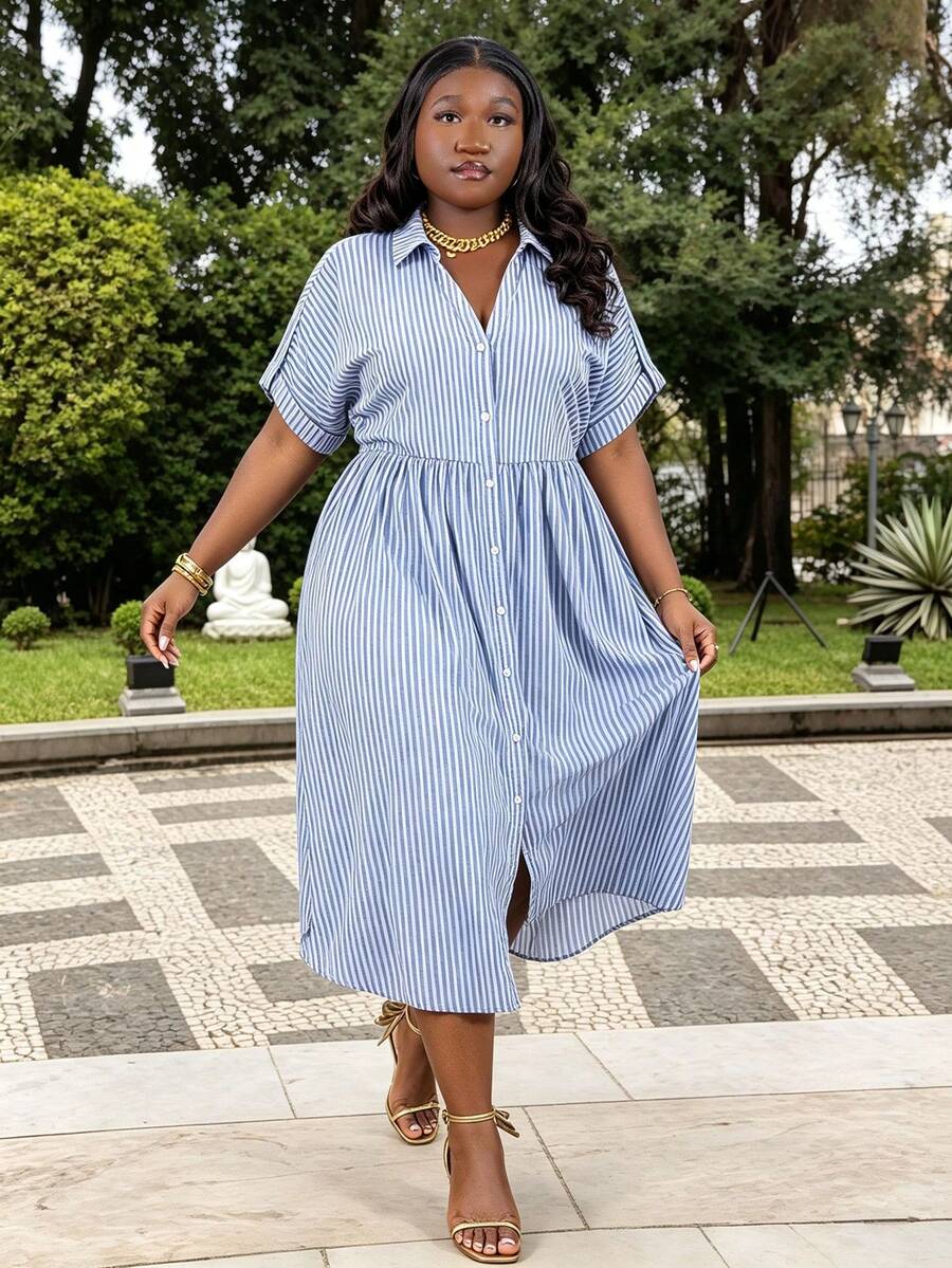 CurvyTilda Plus Size Striped Print Button Front Casual Short Sleeve Dress For Summer/ Vacation Vacation Outfits Women Holiday Outfits For Women Beach Elegant - Multicolor - View 1