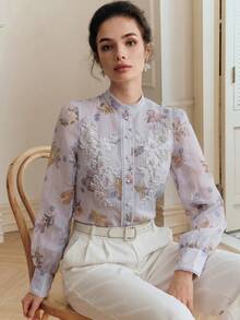 Anewsta Summer Elegant Court Style Heavy Pearl Decor Beaded Small Stand Collar Plain Floral Polka Dot Print Slightly Sheer White Long Sleeve Women Blouse - Mauve Purple - View 4