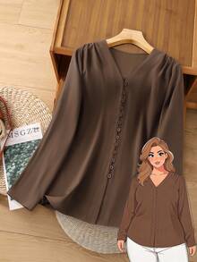 Rusticease Plus Size Women's Solid Color V-Neck Long Sleeve Button Design Shirt Fall - Brown - View 1