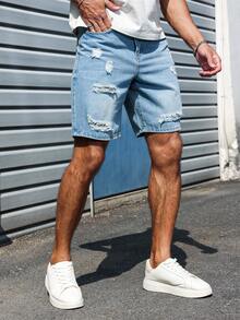 Manfinity Homme Men's Loose Casual Ripped Pocket Denim Shorts, Versatile  Blue Short Jeans Ripped Jean Shorts Men - Blue - View 3