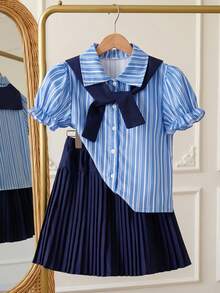 SHEIN 3-Piece Tween Girls Loose Casual Chic Design Print Striped Collared Ruffle Short Sleeve Shirt & Colorblock Shawl Vest Top & Colorblock Pleated Ruffled Umbrella Skirt Set, Suitable For Daily Commute, Casual, Vacation, School, Street Style, Shopping And More - Royal Blue - View 2
