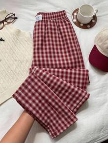 SHEIN EZwear 休闲格子直筒裤 - 紅白色 - 查看 1