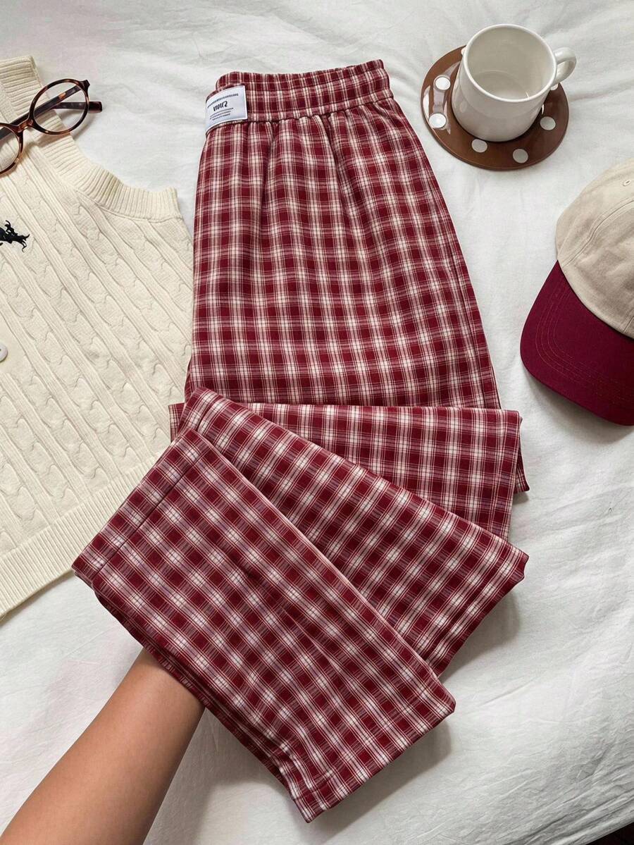 SHEIN EZwear 休闲格子直筒裤 - 紅白色 - 查看 1