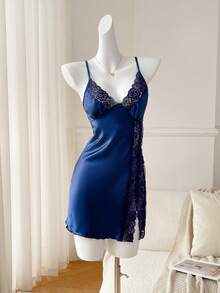 Moireta Camisón sin mangas de unicolor con encaje de contraste para mujer - Azul Marino - Ver 2