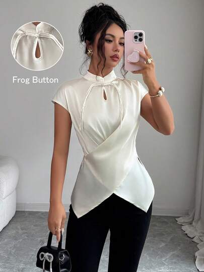 Elenzga Women's Solid Color Small Stand Collar Water Drop Chinese Style Frog Button New Chinese Style Pendant Waist Cross Back Waist Bow Tie Shoulder Sleeve Short Sleeve Satin Glossy Material Apricot Blouse French Elegant Vintage Formal Office Commute Casual Beach Vacation Beach Style Minimalist Versatile Fashion Afternoon Tea Gathering Home Leisure Comfortable Party Spring Summer New Summer Blouse