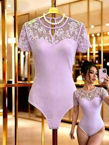 SHEIN Clasi 春夏新款芭蕾經典三角一片式蕾絲連身衣，適合舞蹈、瑜伽、疊穿等多用途 - 紫色 - 查看 7