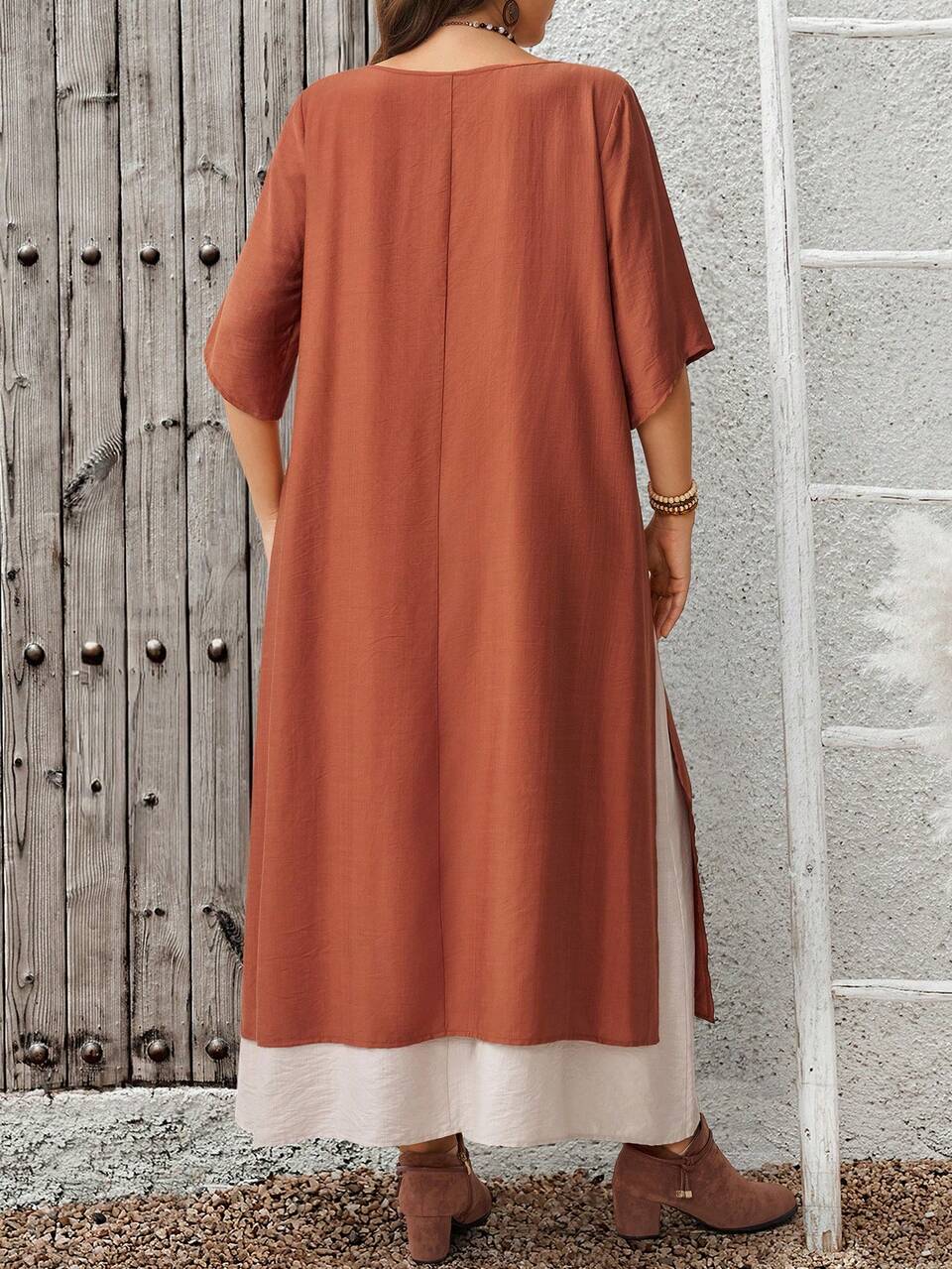 Plus Size Vacation Casual Color Block Patchwork Double Layer Dress