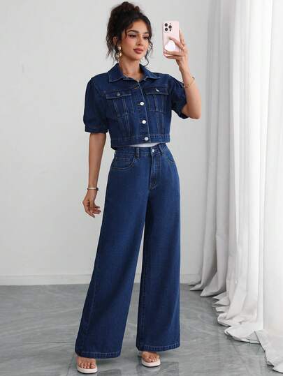 Elenzga Women's Casual Loose Puff Sleeve Denim Jacket & Straight Leg Elegant Elegant Commute Denim Pants 2pcs Set