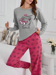 SHEIN Cottnline 100 Cotton 2Pcs Animal Printed PJ Set Sleep Grey Dark Pink Autumn Cute Kawaii - Grey - View 5
