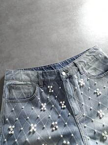 ROMWE MEN Street Life Men's Mesh Beaded Streetwear Denim Shorts - Blue - View 8