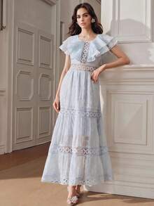 Anewsta Romantic Date Backless Women's Blue Ruffle Chiffon Jacquard Dress - Baby Blue - View 6