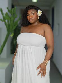 CurvyTilda Vacation Casual - Plus Size Green Solid Color Spring Style Strapless Dress,Summer Dresses For Women,Maxi Dress White Elegant - White - View 5