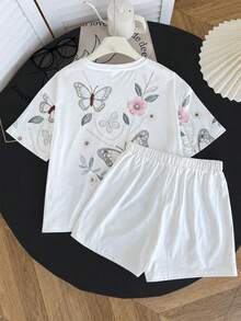SHEIN 青少年女孩夏季時尚 T-Shirt 套裝，休閒極簡寬鬆圓領短袖 T-Shirt 與寬鬆短褲 2 件套，適合日常穿著與返校穿搭 - 白色 - 查看 5