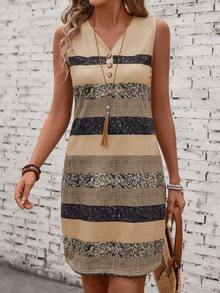 EMERY ROSE Vacation Casual Colorblock Striped Dress, Random Print - Apricot - View 7