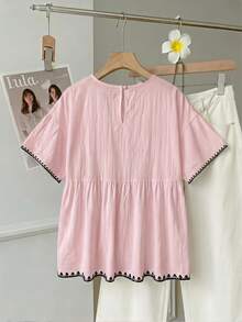 SHEIN EZwear 粉色亞麻編織女款襯衫，貝殼刺繡圖案，適合夏季 - 淺粉色 - 查看 2