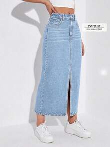 EMERY ROSE Plus Size Women's Casual Versatile Denim Skirt With Pocket, Button And Slit Design For Daily Wear - Grey - View 1