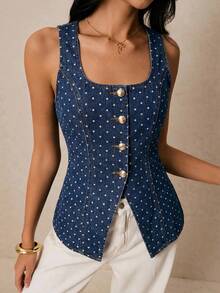 Poéselle Women's Polka Dot Single-Breasted Casual Versatile Daily Outing Denim Top, Summer Top, Elegant, Casual, Commuter, Holiday, Vacation, Versatile Top. - Blue - View 6
