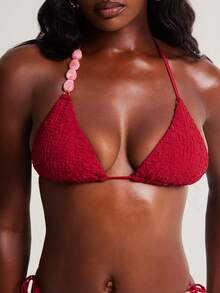 NYA SZN Solid Color Spaghetti Strap Summer Triangle Fashion Beach Bikini Set With Beads - Red - View 6
