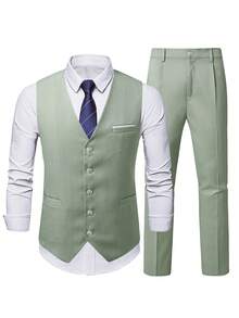 Manfinity Mode Conjunto de chaleco y pantalones de negocios casual para hombres para ir al trabajo - verde menta - Ver 6