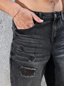 Manfinity Roughcore Men's Denim Shorts, Fashion Suitable For Summer Black Shorts Men S Ripped Shorts - Black - View 6