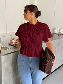 Firerie Plus Size Women Solid Color Pleated Short Sleeve Single-Breasted Shirt Formal Office Burgundy Summer Elegant - Burgundy - View 7