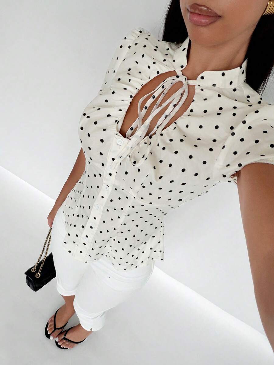 TRNVIE Women's Summer Casual Polka Dot Print Tie Front Blouse - Apricot - View 1