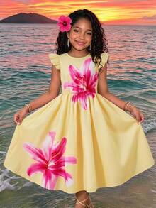 SHEIN Tween Girls' Print Patterned Flutter Sleeve Waist-Cinched Long Dress - Multicolor - View 4