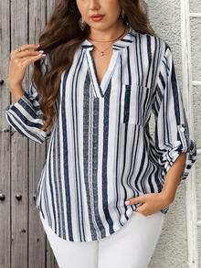 EMERY ROSE Plus Size Casual Striped Notch Collar Shirt Fall - Multicolor - View 5
