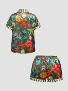 Chillnights Ensemble de pyjama satiné pour femmes avec col à revers, boutons devant, imprimé contrasté à rayures avec étoiles de mer, coquillages, corail et diamants de l'océan, jeune, vibrant et amusant - Multicolore - Voir 2
