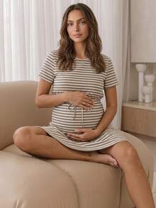 Slowluna Vestido de maternidad a rayas para lactancia, casual para uso diario y salidas - Albaricoque - Ver 2