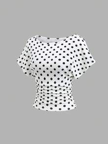 Sweetra Women's New Fashion Versatile Knit Polka Dot Batwing Sleeve Short Sleeve Waist-Cinching Top T-Shirt - White - View 3