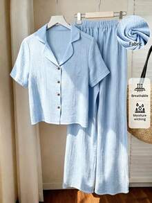 EMERY ROSE 夏季純棉紗布親膚純棉前開鈕扣短袖上衣與長褲休閒家居服套裝 度假淺藍色 - 藍色 - 查看 6