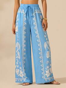 CAJUNI Women's Boho Tropical Plant Print Long Pants, Casual Vacation Beach Summer Extra Long Wide Leg Pants - Baby Blue - View 3