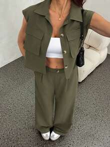 SHEIN Tall Setelan Kemeja dan Celana Panjang Wanita Gaya Kasual dan Minimalis Warna Hijau Army untuk Musim Semi/Panas Terbaru - Hijau Tentara - View 7