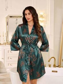 LuxeNights Classic Striped Faux Silk Women's Robe - Dark Green - View 6