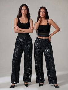 SHEIN Tall 高腰亮片寬腿褲 派對之夜星光連身褲 鑲鑽寬腿長褲 女款 高挑黑色 秋季性感 - 黑色 - 查看 3