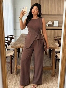 Weeklong Plus Size Women's Spring Summer Sleeveless Ruched Inverted Pleat Lace-Up Tie Asymmetric Hem Casual Vacation Set - Multicolor - View 3