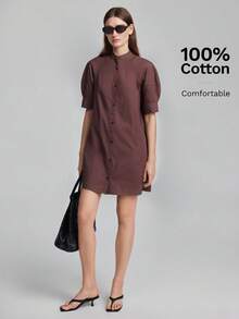 Ontre 2026 New All-Season Minimalist Fashion Elegant Casual Luxury Commute Vacation Party Wedding Outfit Knit Short Sleeve Round Neck Loose Button Brown Solid Color Women's Short Dress Versatile Slimming Heightening Elegant Daily Wear Commute Wear Work Wear Date Wear Fashion Wear Street Wear - Brown - View 6