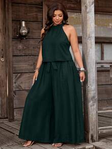 Nubod Plus Size Denim Effect Halter Top + Wide Leg Pants 2 Pieces Set - Dark Green - View 4